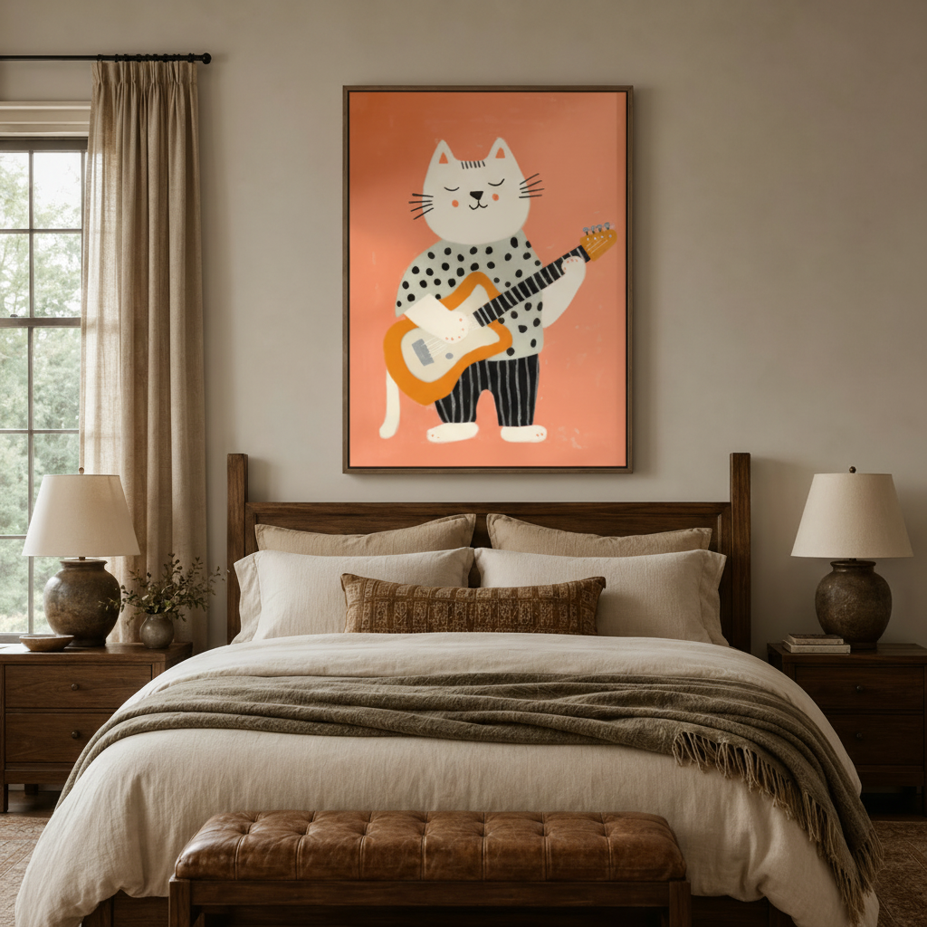 Whimsical guitar cat polka-dot sweater canvas in dark walnut frame centered above cozy neutral bedroom headboard