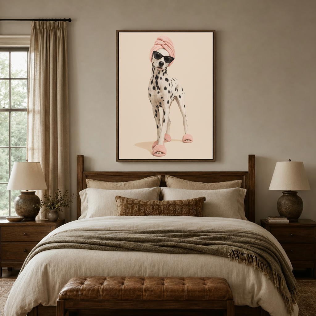 Glam Dalmatian dog canvas wall art with pink turban displayed above bed in cozy bedroom