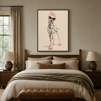 Glam Dalmatian dog canvas wall art with pink turban displayed above bed in cozy bedroom