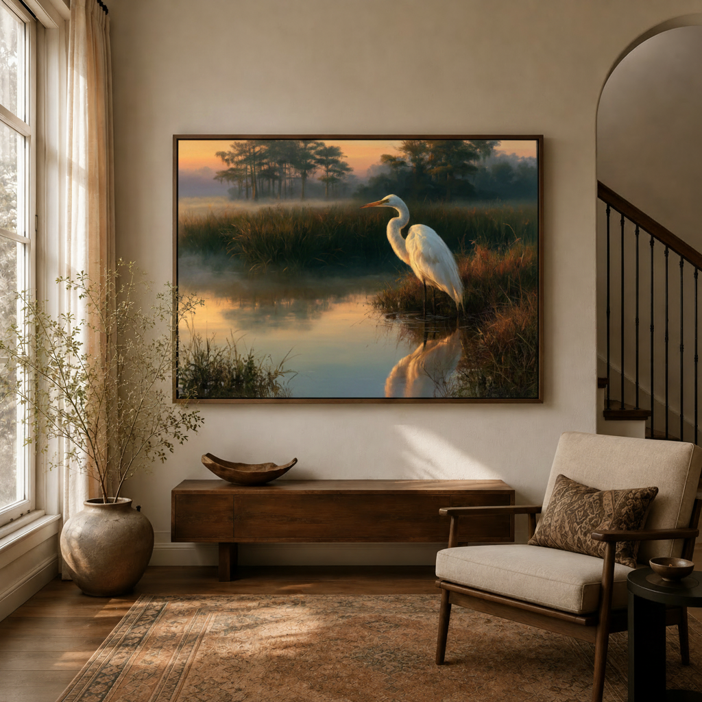 Great egret wetland oil painting canvas displayed above a sideboard in a warm entryway
