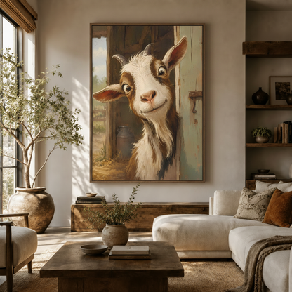 Curious goat oil painting canvas print displayed above walnut sideboard in warm modern living room