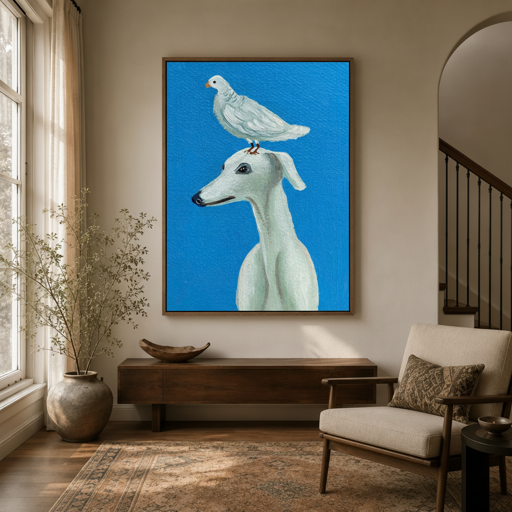 White greyhound and dove figurative canvas art in dark frame displayed in modern entryway above console
