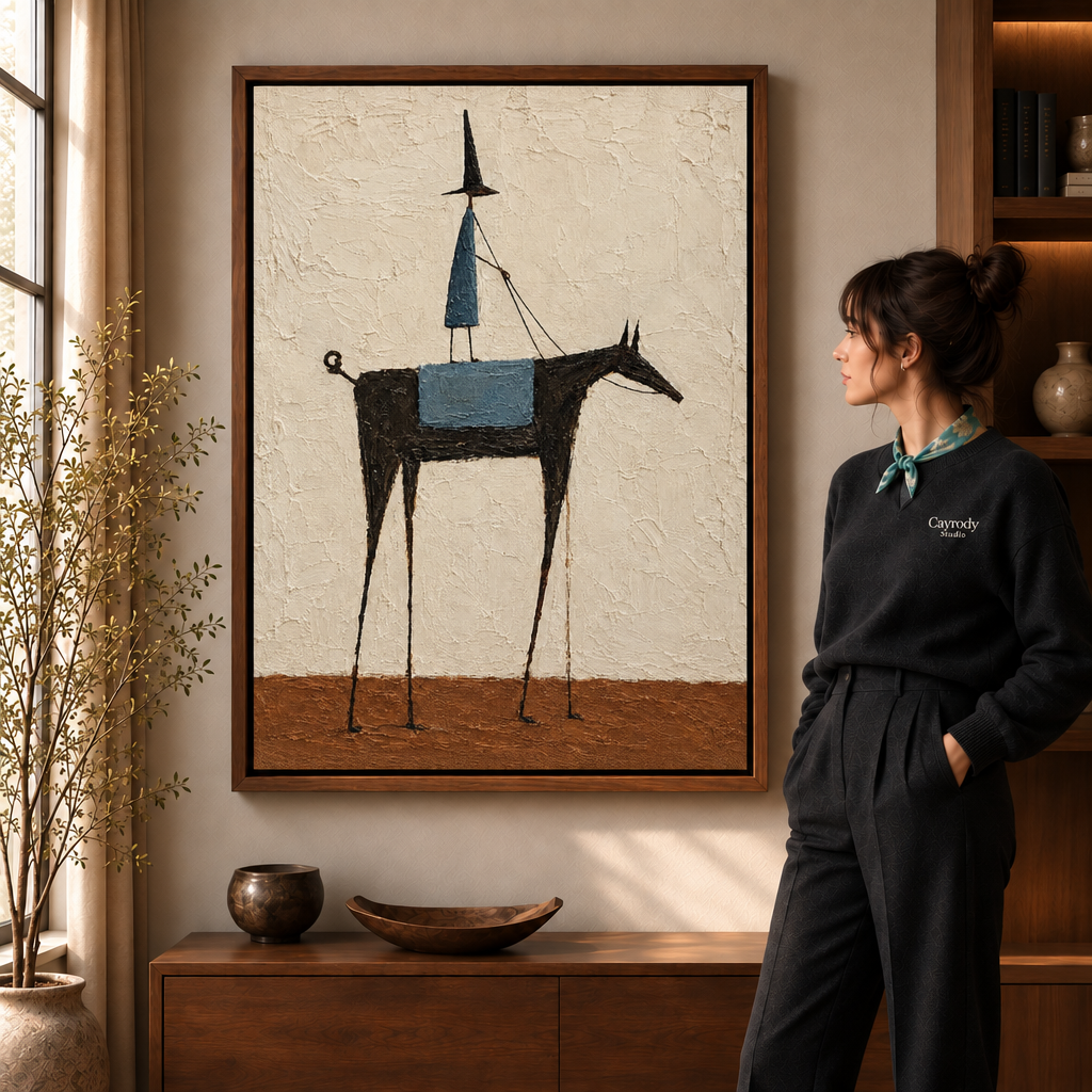 Horse canvas wall art in a walnut frame beside a woman in a warm living room.