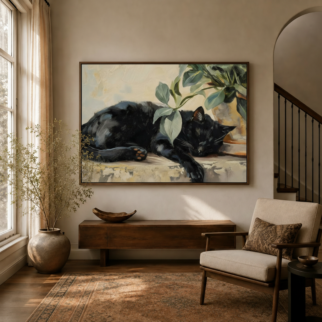 Sleeping black cat botanical oil painting in walnut frame displayed in warm modern entryway
