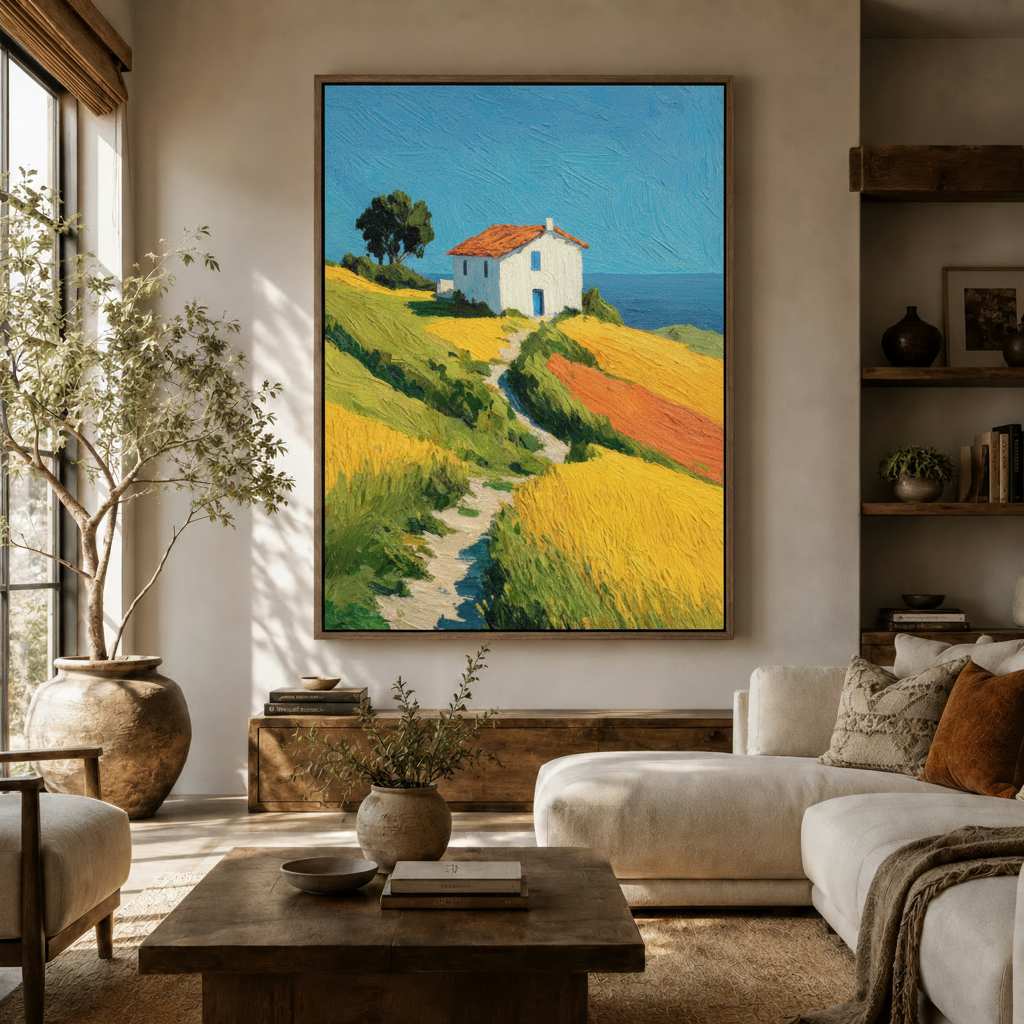 Mediterranean farmhouse impressionist canvas print displayed in a warm modern living room above a wooden sideboard