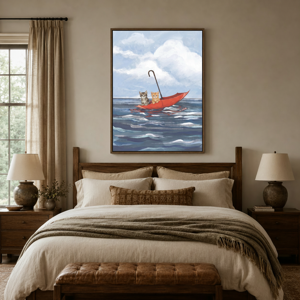 Two kittens red umbrella ocean canvas wall art displayed above bed in cozy neutral bedroom