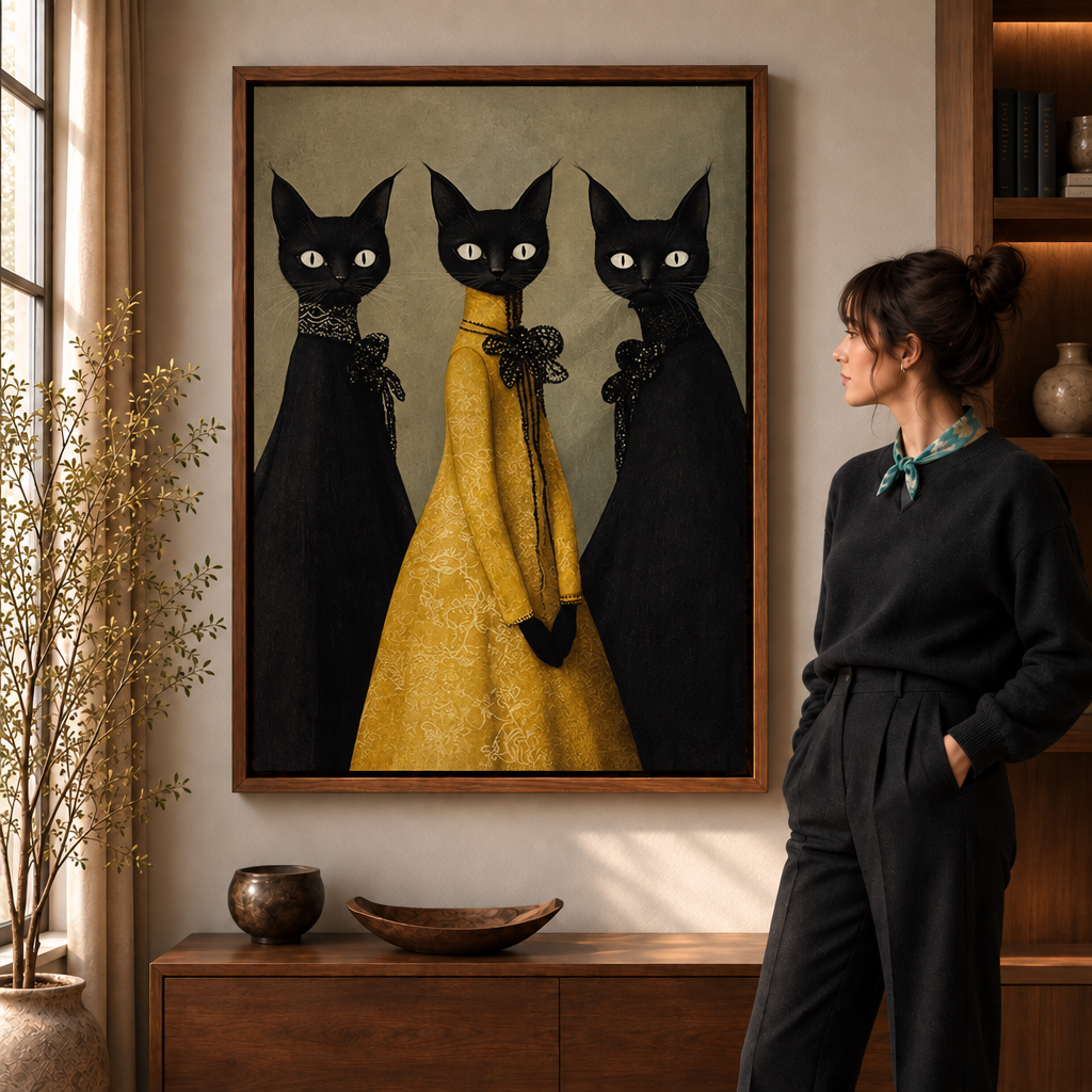 Three black cats canvas wall art displayed in a warm living room with dark wood furnishings
