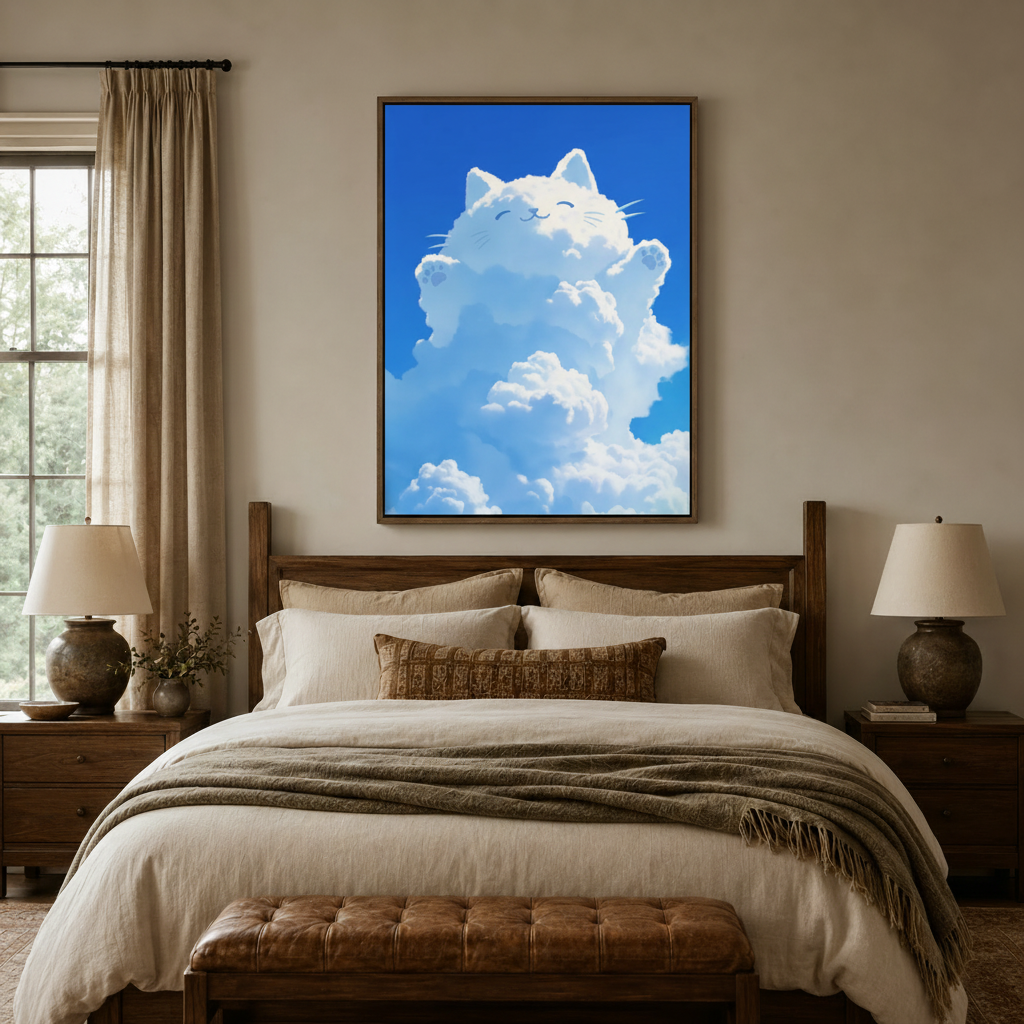 Smiling cloud cat blue sky whimsical canvas in walnut float frame above cozy bedroom headboard