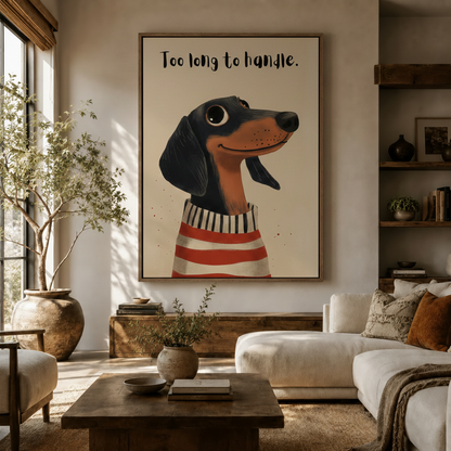 Funny dachshund canvas wall art in walnut float frame styled in warm living room above white sofa