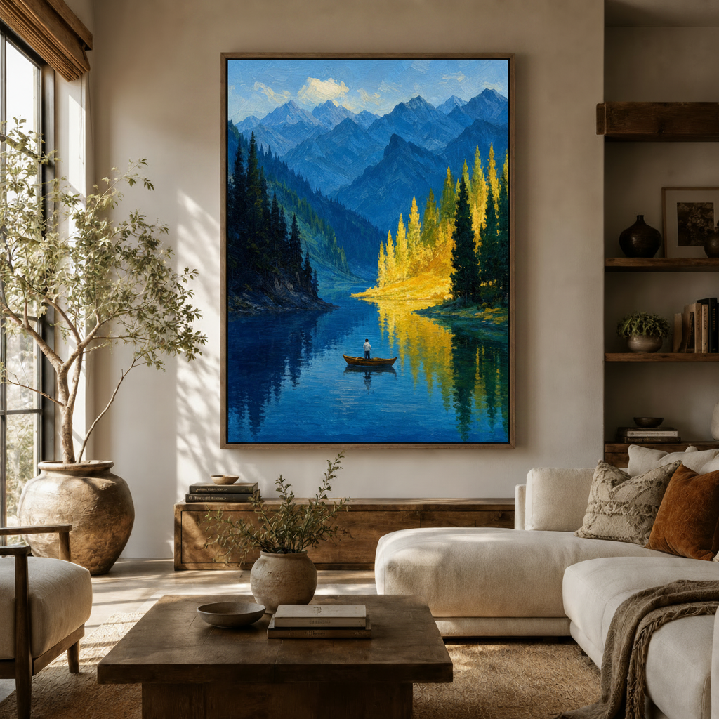 Impressionist mountain lake canvas art displayed above console in warm neutral living room