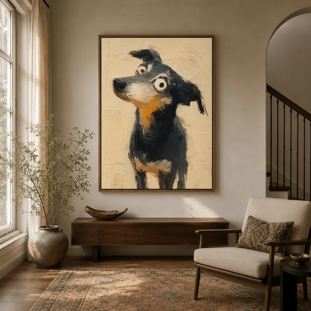 Quirky black-and-tan dog impasto canvas wall art displayed above a wooden console in a warm entryway
