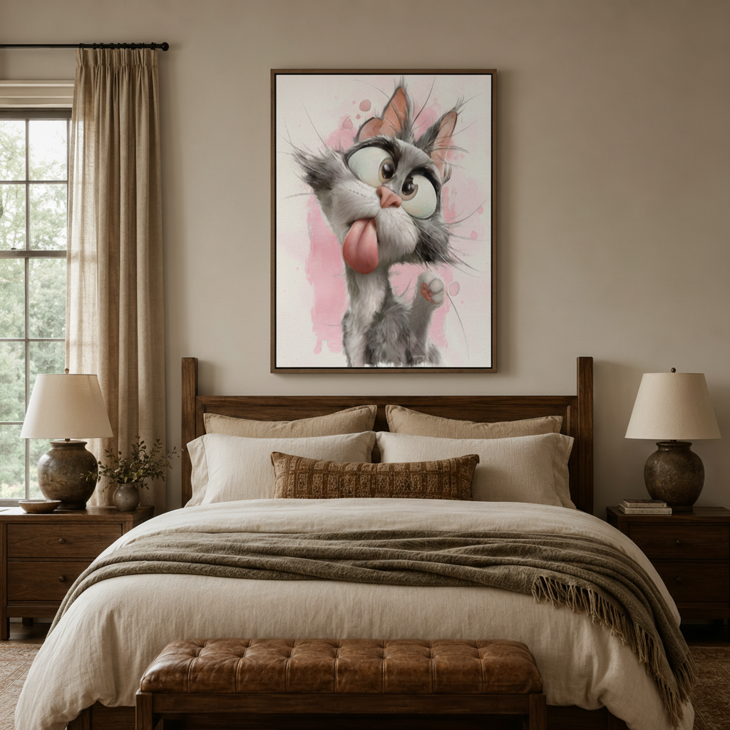 Silly gray cat sticking tongue out 3D cartoon canvas wall art displayed above bed in cozy bedroom