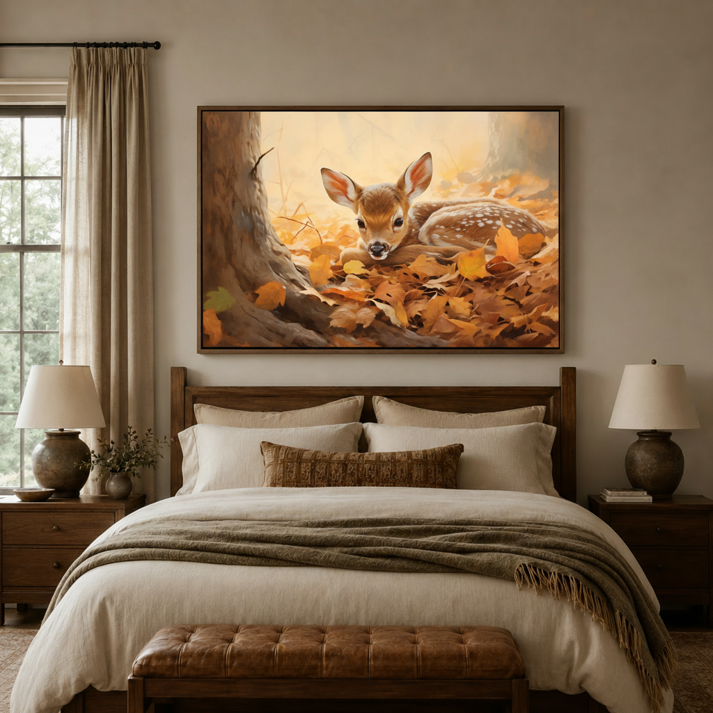 Baby fawn autumn leaves impressionist canvas wall art in dark walnut frame above cozy bedroom bed