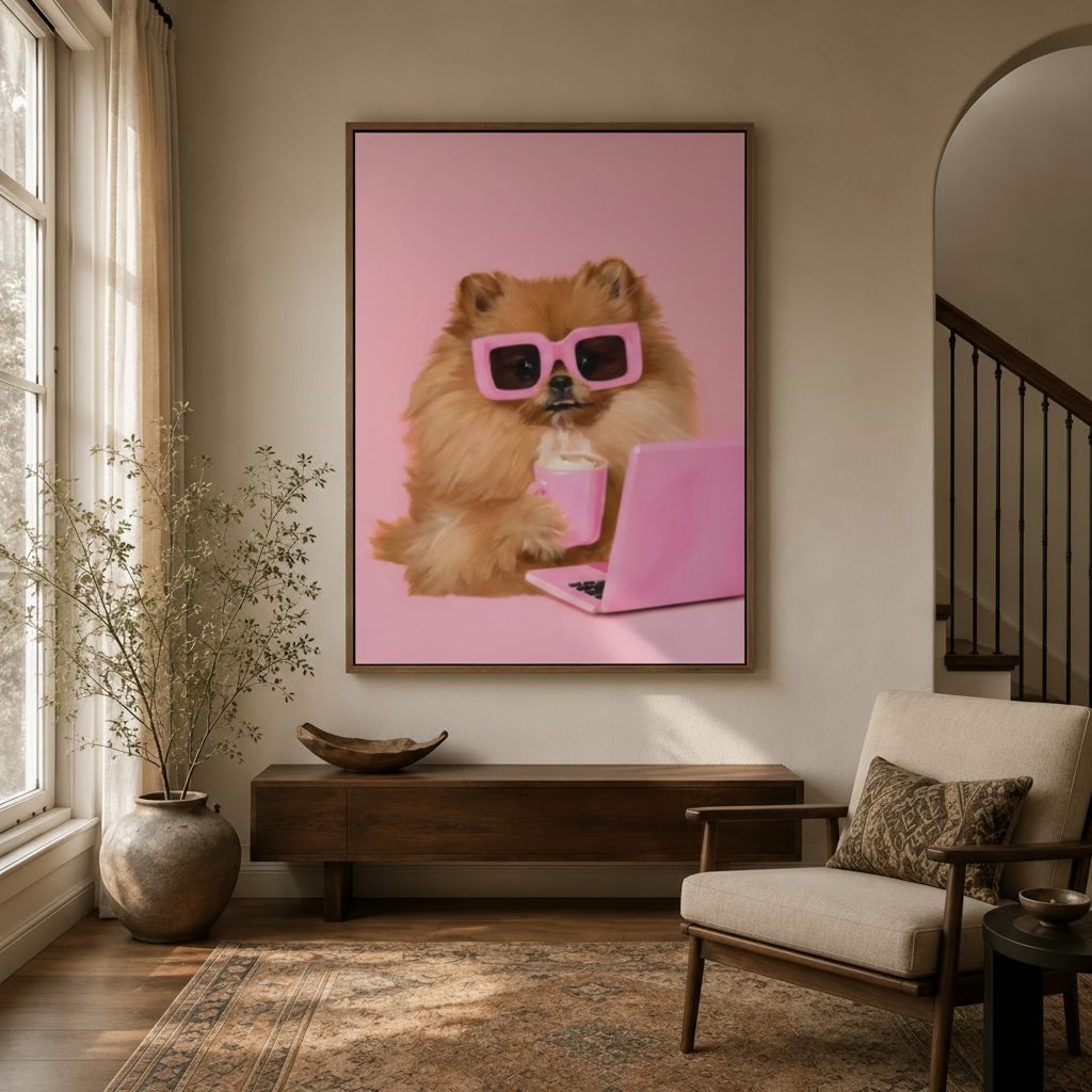 Framed Pomeranian dog canvas wall art hung in a bright entryway above a dark wood console table