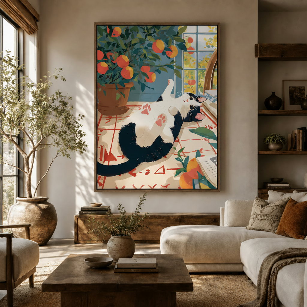Living room scene — large tuxedo cat wall art hanging in a bright Japandi living room with olive tree and white sofa
