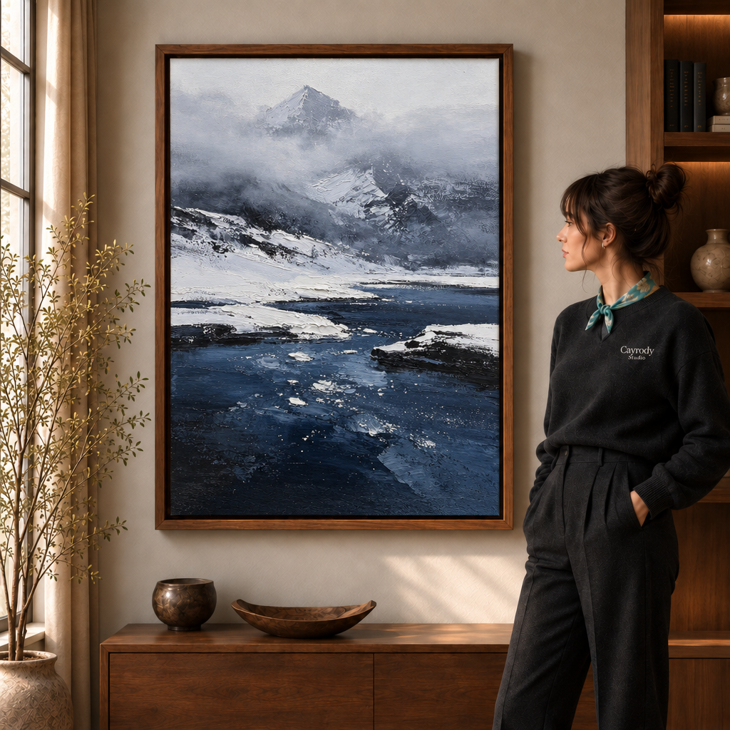 Misty mountain lake canvas wall art displayed in a warm living room with dark wood furnishings