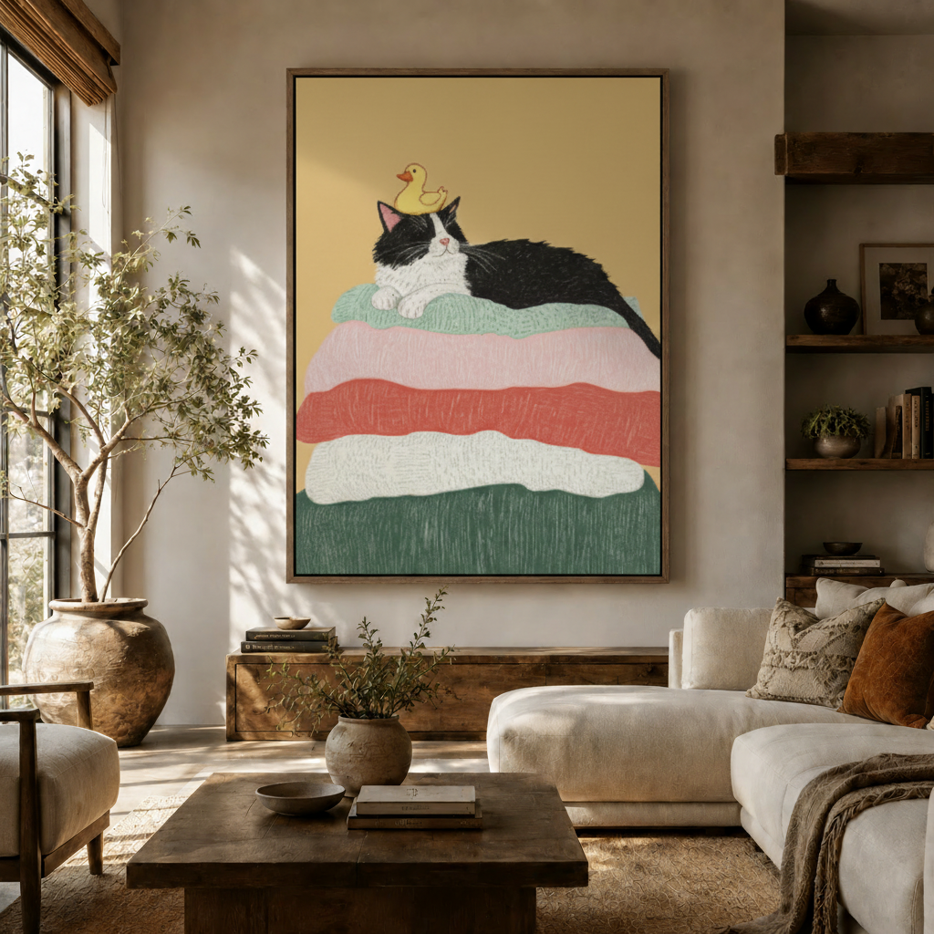 Funny cat canvas print displayed in cozy living room with warm wood tones and natural light