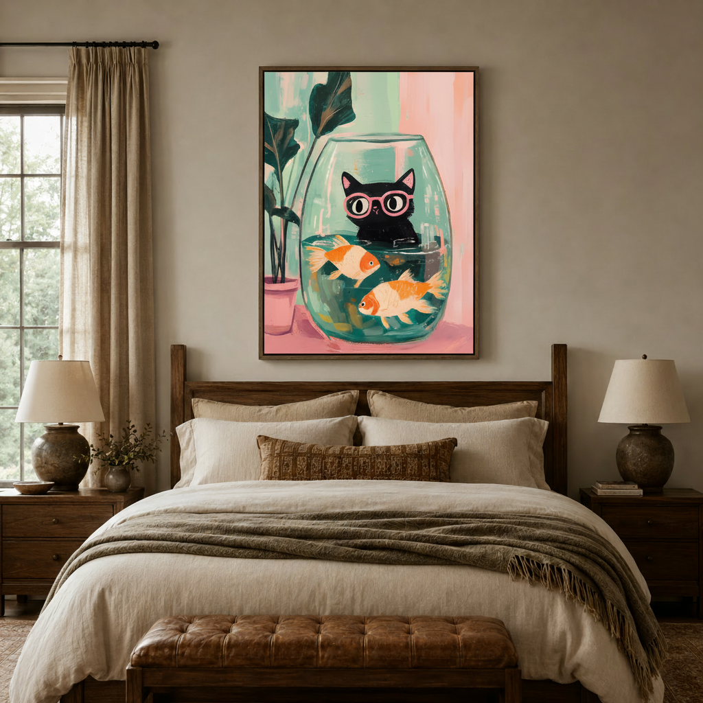  Illustrated ghost cat wall art styled in an elegant entryway with arched doorway and warm lighting