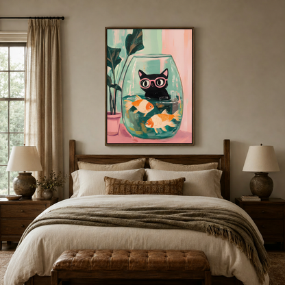  Illustrated ghost cat wall art styled in an elegant entryway with arched doorway and warm lighting
