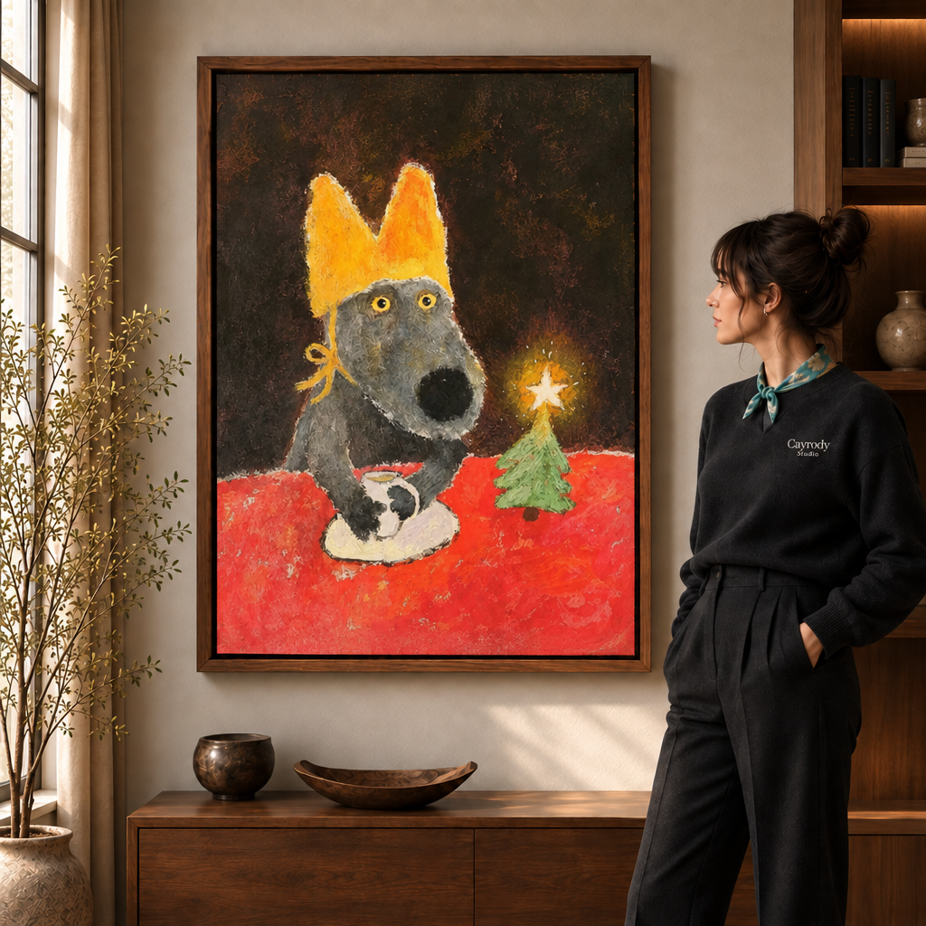 Walnut-framed Christmas dog canvas showing a crowned gray dog and small star-topped tree.