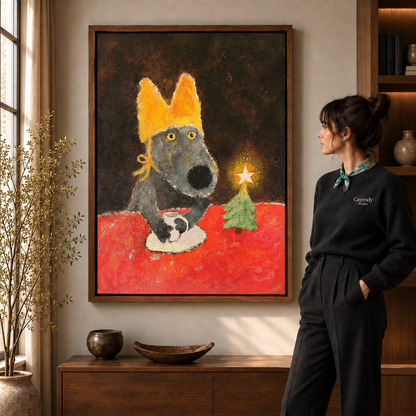 Walnut-framed Christmas dog canvas showing a crowned gray dog and small star-topped tree.