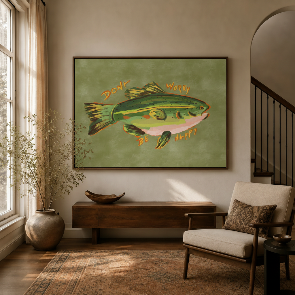 Folk art fish canvas wall art hanging above console table in warm neutral entryway