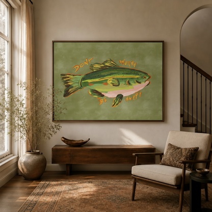Folk art fish canvas wall art hanging above console table in warm neutral entryway