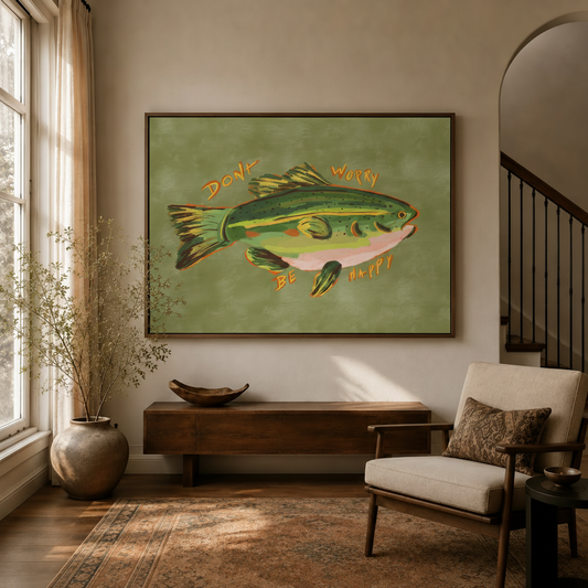 Folk art fish canvas wall art hanging above console table in warm neutral entryway