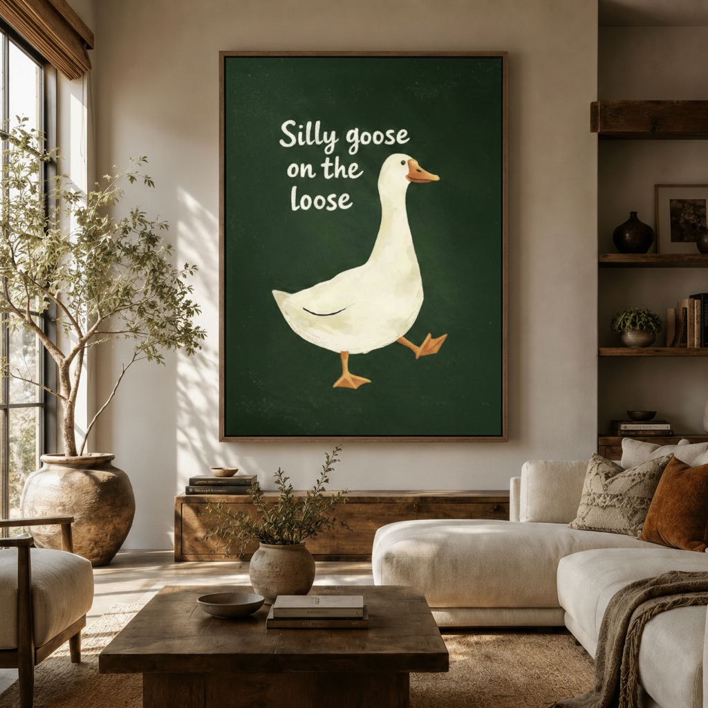 Silly goose chalkboard wall art in dark walnut float frame above wooden sideboard in warm living room