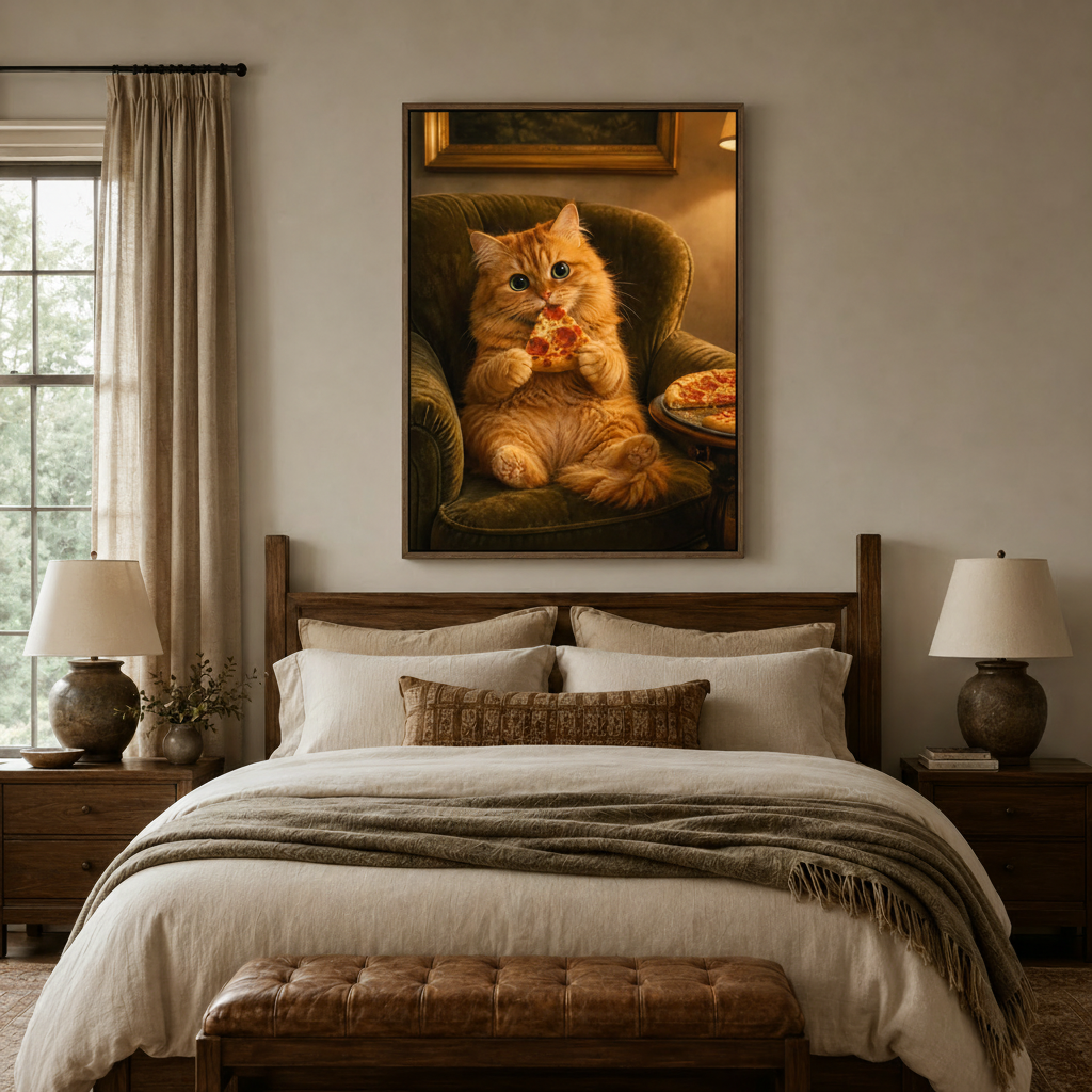 Chubby orange cat eating pizza green velvet chair realistic canvas in walnut float frame above cozy bedroom