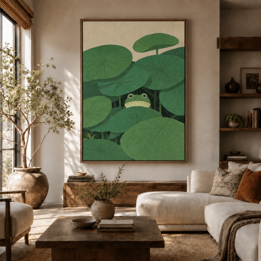 Japanese minimalist frog canvas above sideboard in warm modern living room