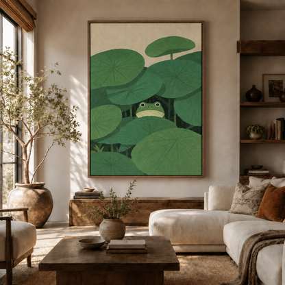 Japanese minimalist frog canvas above sideboard in warm modern living room