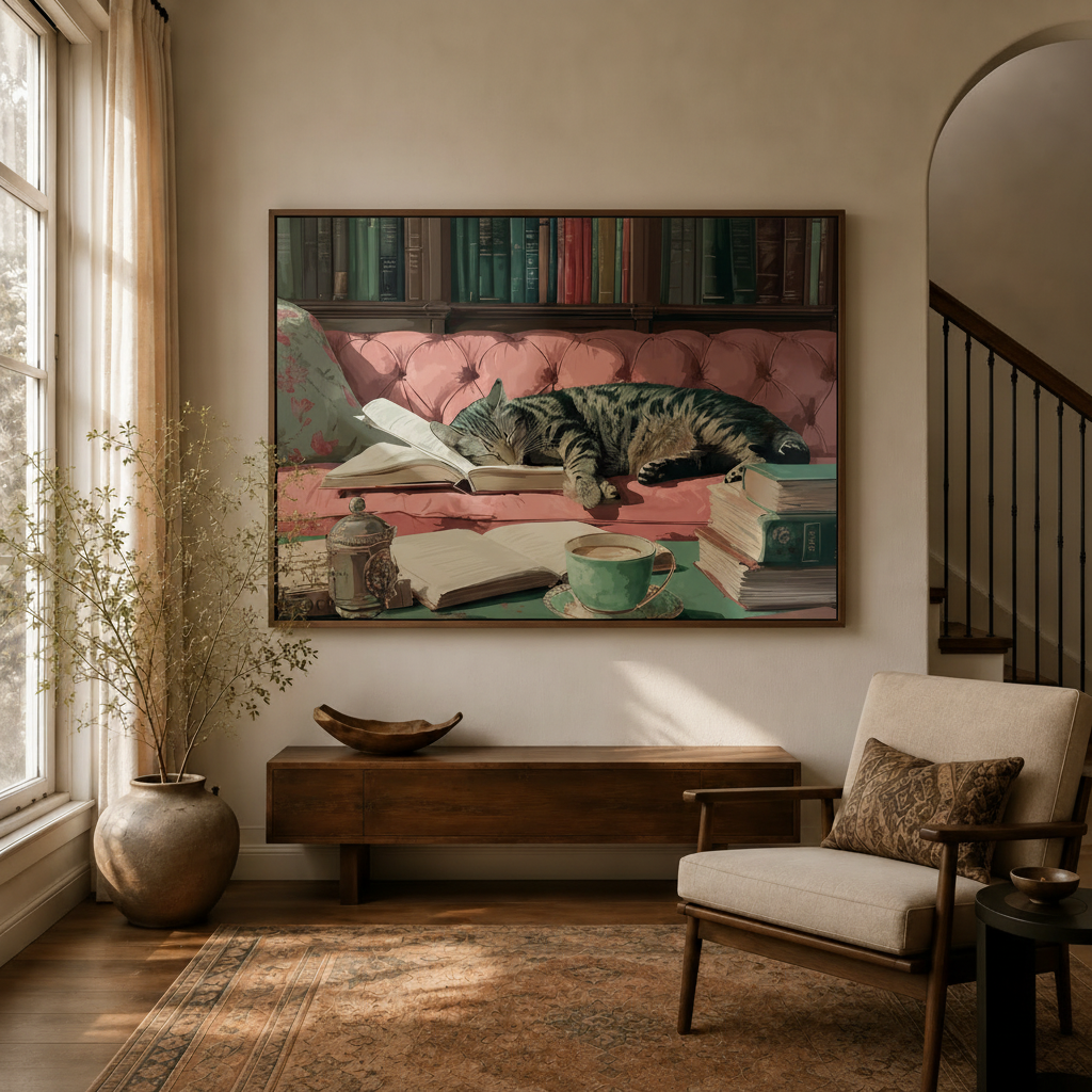 Vintage cat canvas wall art in dark walnut float frame displayed in warm entryway with dried branches