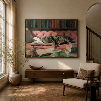 Vintage cat canvas wall art in dark walnut float frame displayed in warm entryway with dried branches