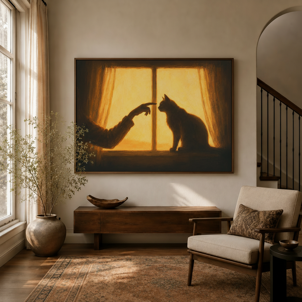 Sunset cat silhouette oil painting canvas displayed in a warm entryway above a wooden console table