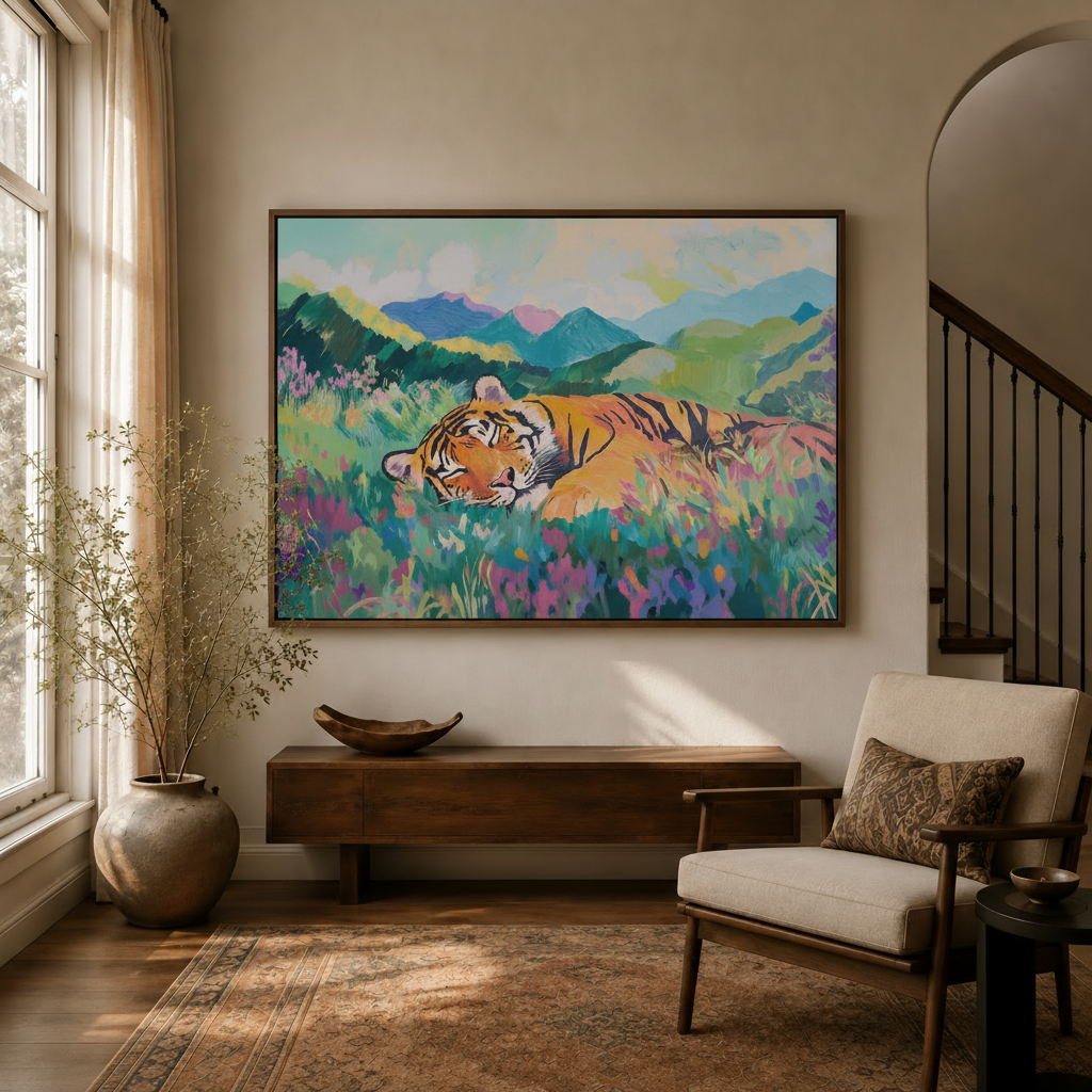 Colorful sleeping tiger framed canvas wall art displayed above console in warm living room entryway