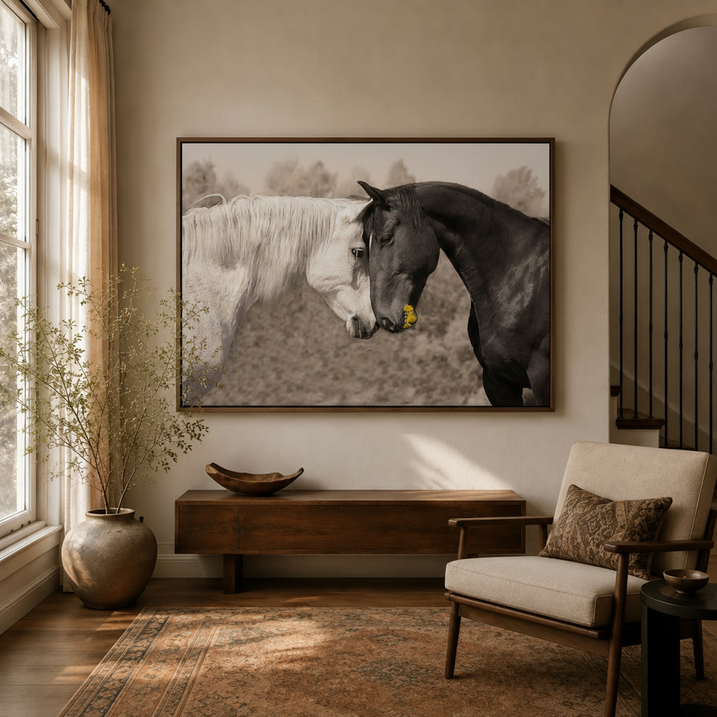 Romantic black and white horse canvas wall art displayed in a warm entryway with walnut console and dried branch decor