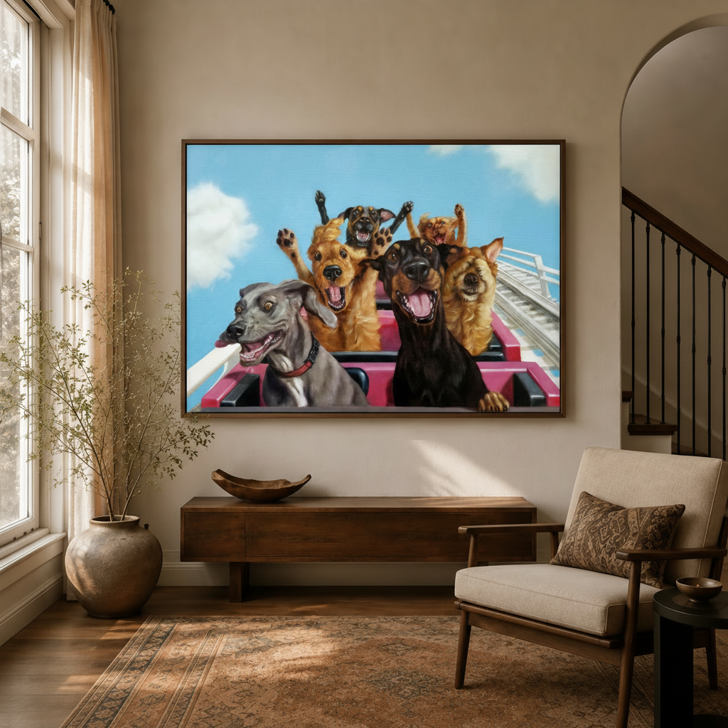 Funny dogs roller coaster oil painting canvas in float frame displayed in warm living room entryway