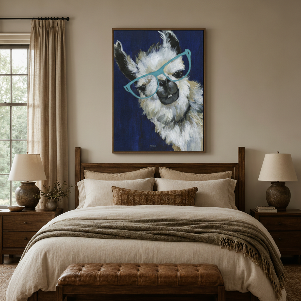 Funny llama wearing teal glasses bold impasto canvas in gold float frame above cozy bedroom headboard