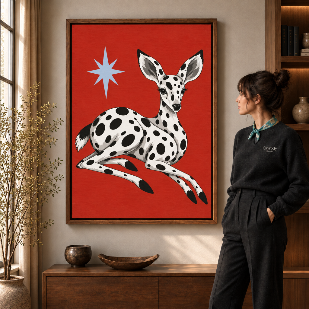 Spotted fawn folk art canvas displayed in a warm contemporary living room