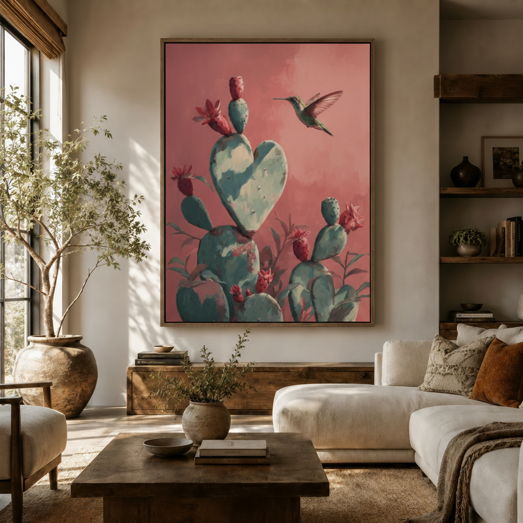Hummingbird cactus botanical wall art in walnut float frame displayed above wooden sideboard in warm living room