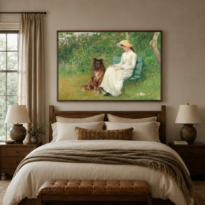 Victorian woman reading with collie dog garden canvas above neutral linen bedroom headboard in walnut float frame