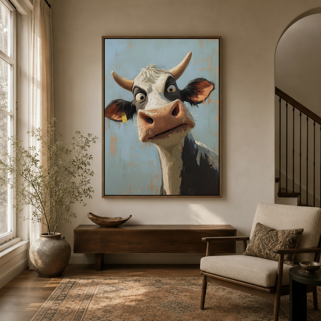 Funny Holstein cow caricature canvas wall art in dark walnut float frame above entryway console with dried branch arrangement