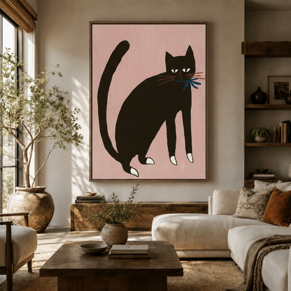 Black cat folk art framed canvas print hanging in warm living room with olive tree and white sofa