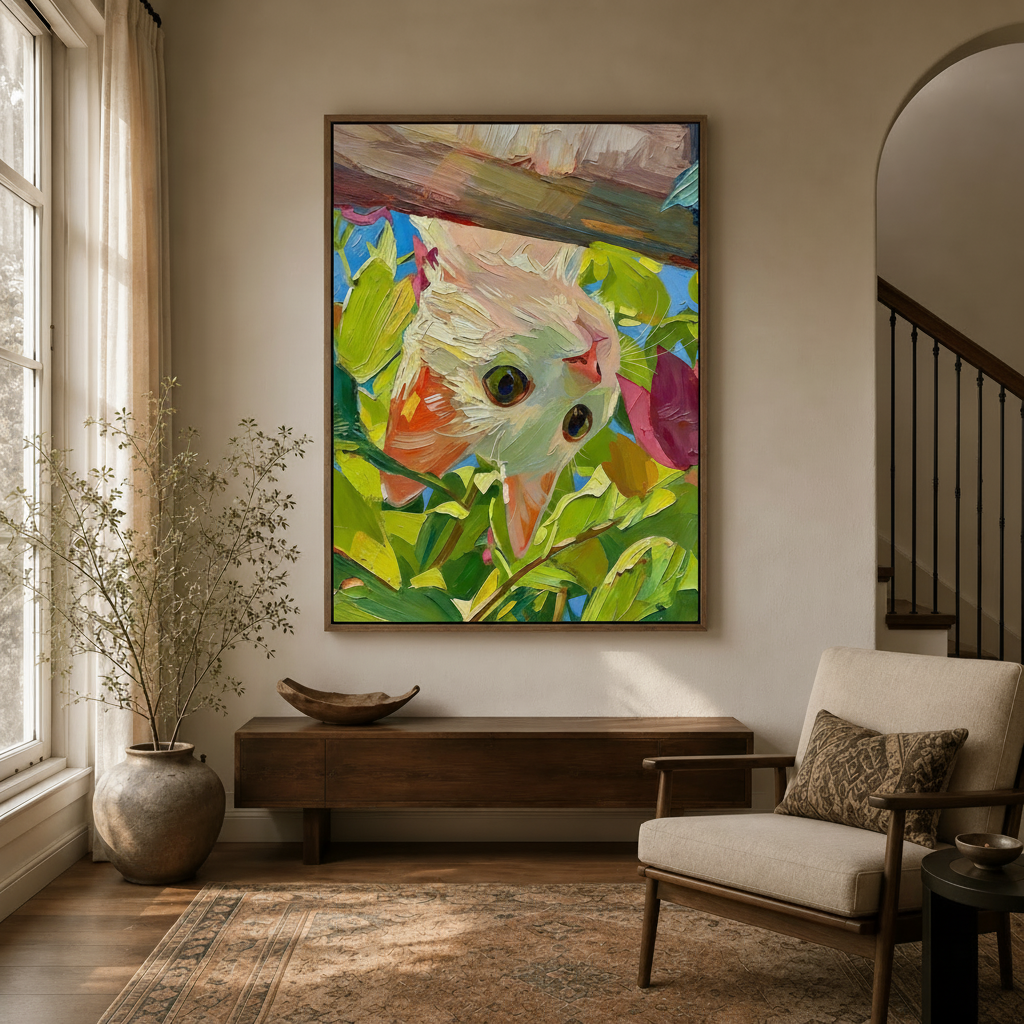 Cat in garden canvas art displayed in a warm entryway beside a dark wood console table and ceramic vase