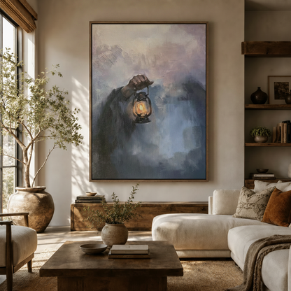 Moody lantern canvas print in float frame above wooden sideboard in warm neutral bohemian living room