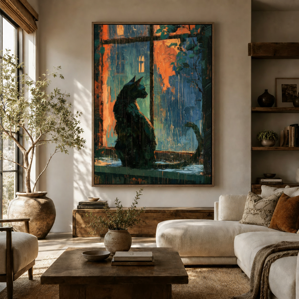 Moody black cat oil painting canvas wall art hanging above console in warm modern boho living room