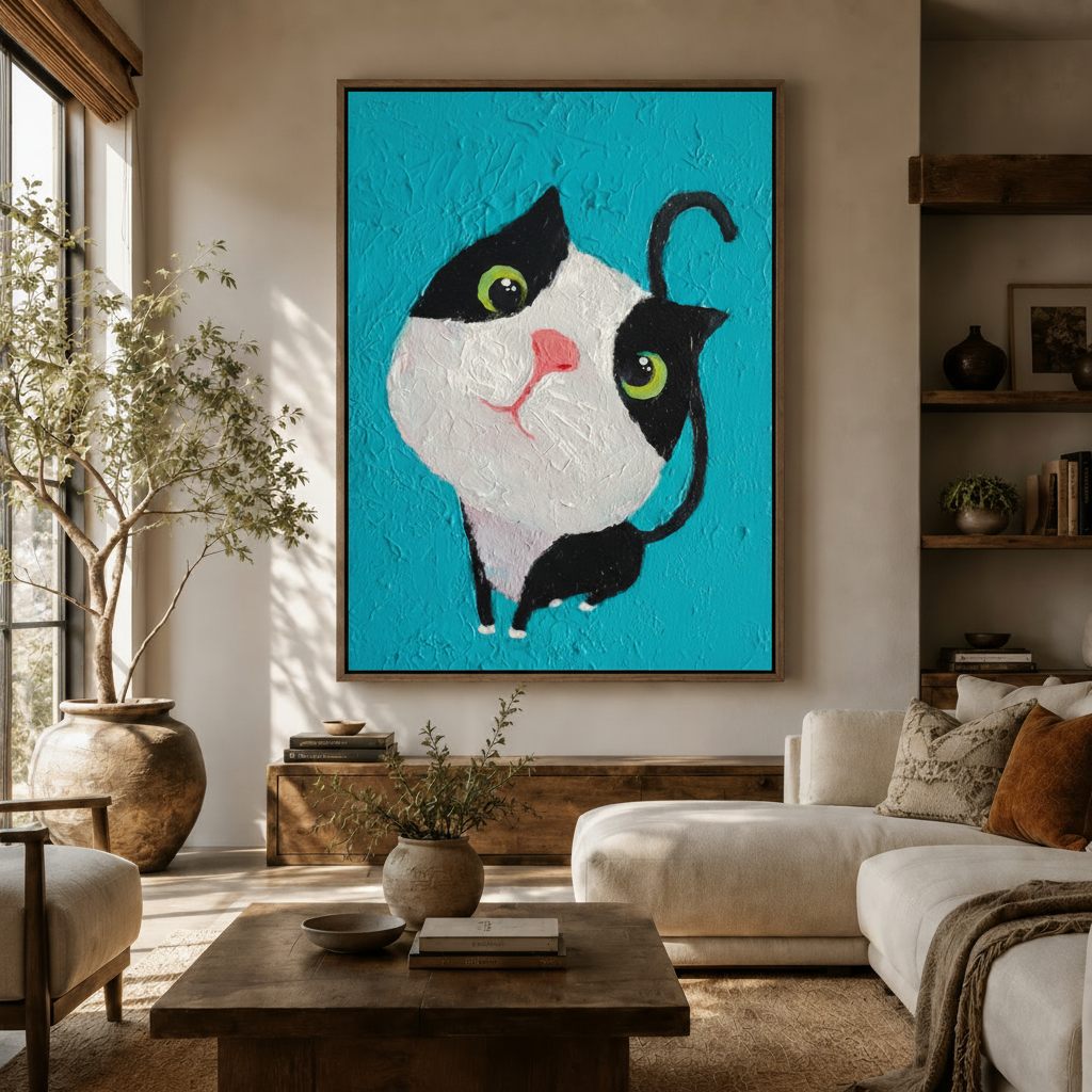 Cute black and white cat canvas print in walnut floater frame hanging in warm Japandi living room above sideboard