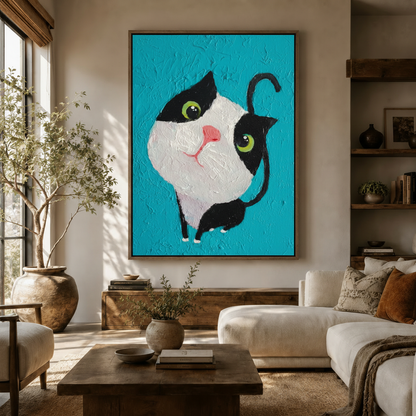 Cute black and white cat canvas print in walnut floater frame hanging in warm Japandi living room above sideboard