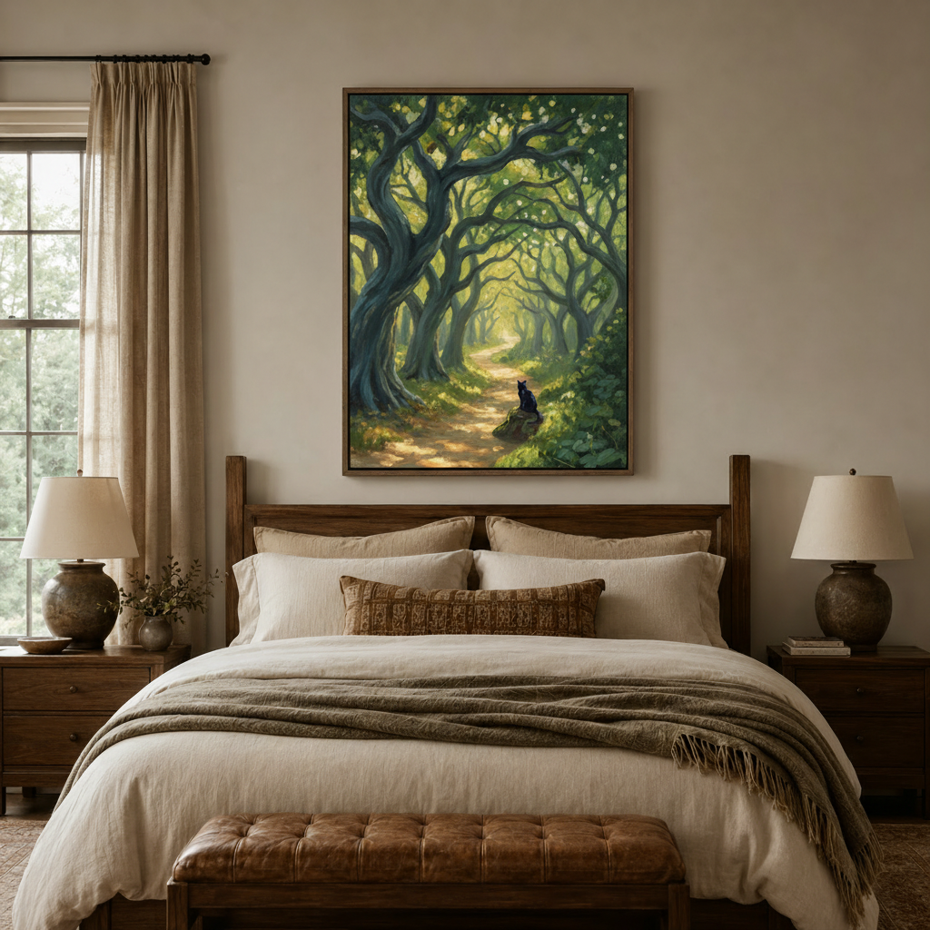 Black cat forest path impressionist canvas wall art hung above walnut bed in warm neutral bedroom
